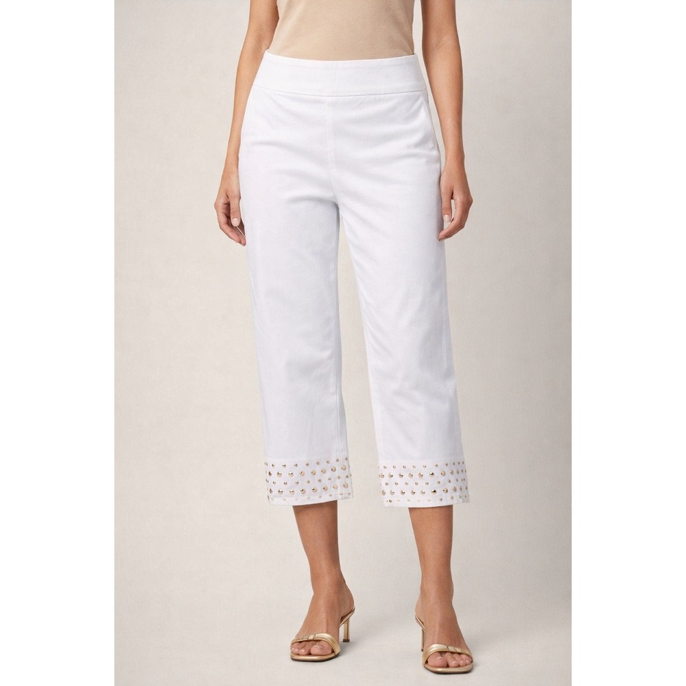 Zac & Rachel Pull-On Studded Crop Pants Women 12 White Stretch Casual Trousers